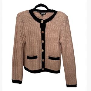 Express beige with black trim and gold button cardigan xs